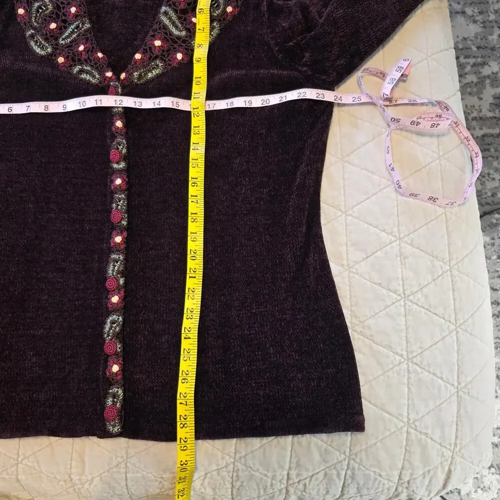 Storybook Knits Sweater Women's 1X Brown Chenille Green Red Floral Crochet
